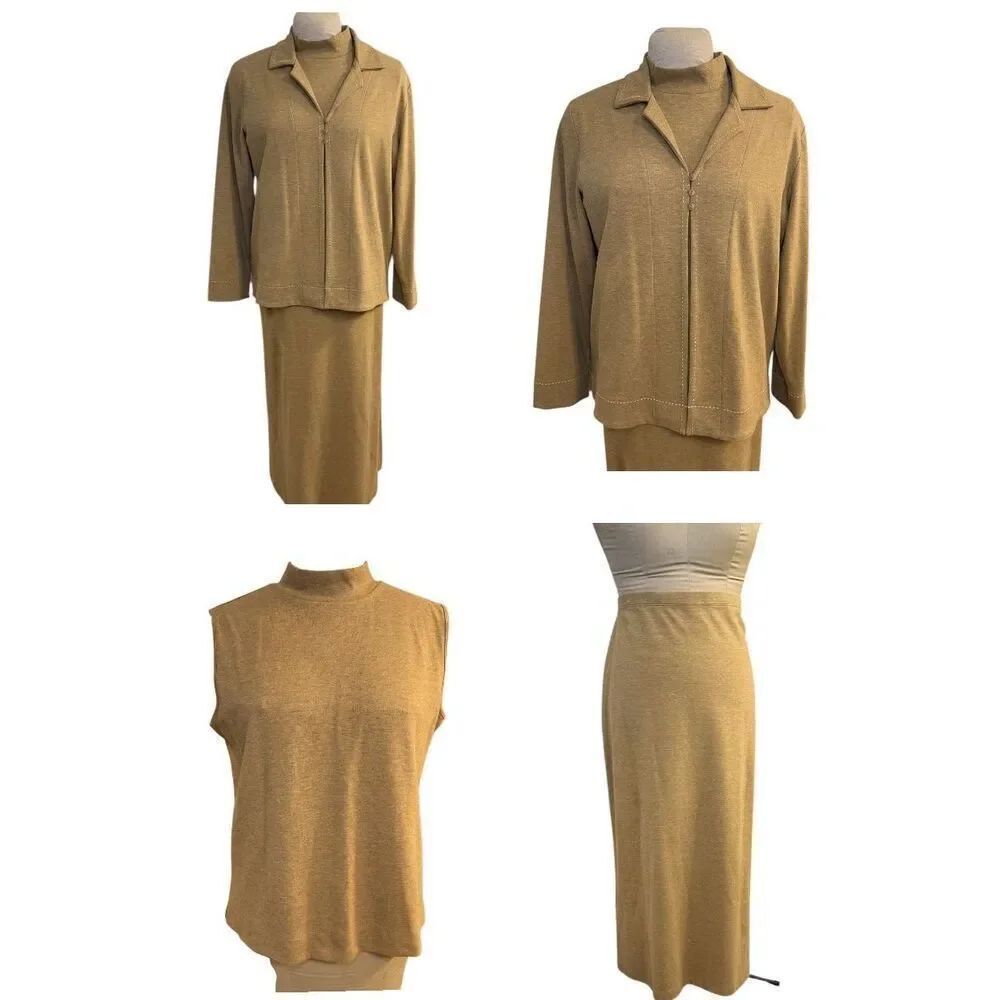 Liz Claiborne 3 Piece Set Sz. L Jacket Shell & Skirt  Vintage Tan